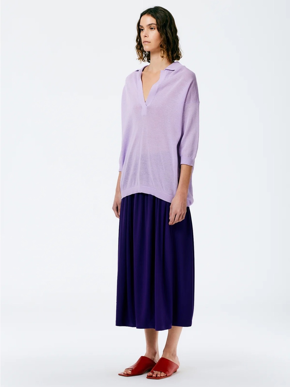 TIBI Crispy Viscose Sweater Easy Polo in Dusty Lavender - Picture 3 of 7